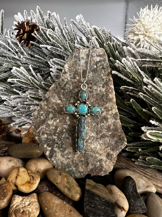 Kingman Turquoise Cross with Beads - 20” Sterling Silver Chain